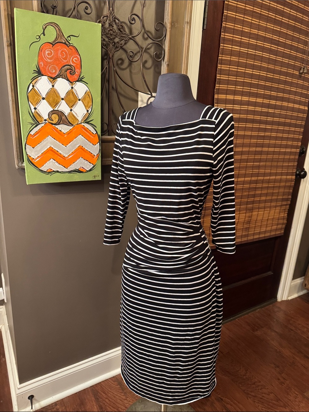 White House Black Market Black and White Striped Long Sleeve Sheath Dress